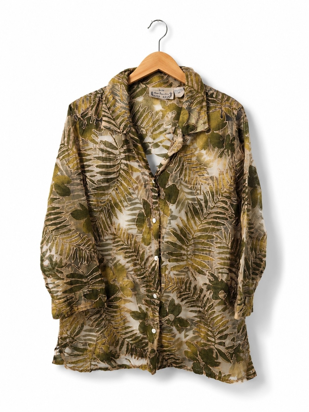new directions Olive Green Sheer Tropical Leaf Shirt Jacket - Picture 2 of 8
